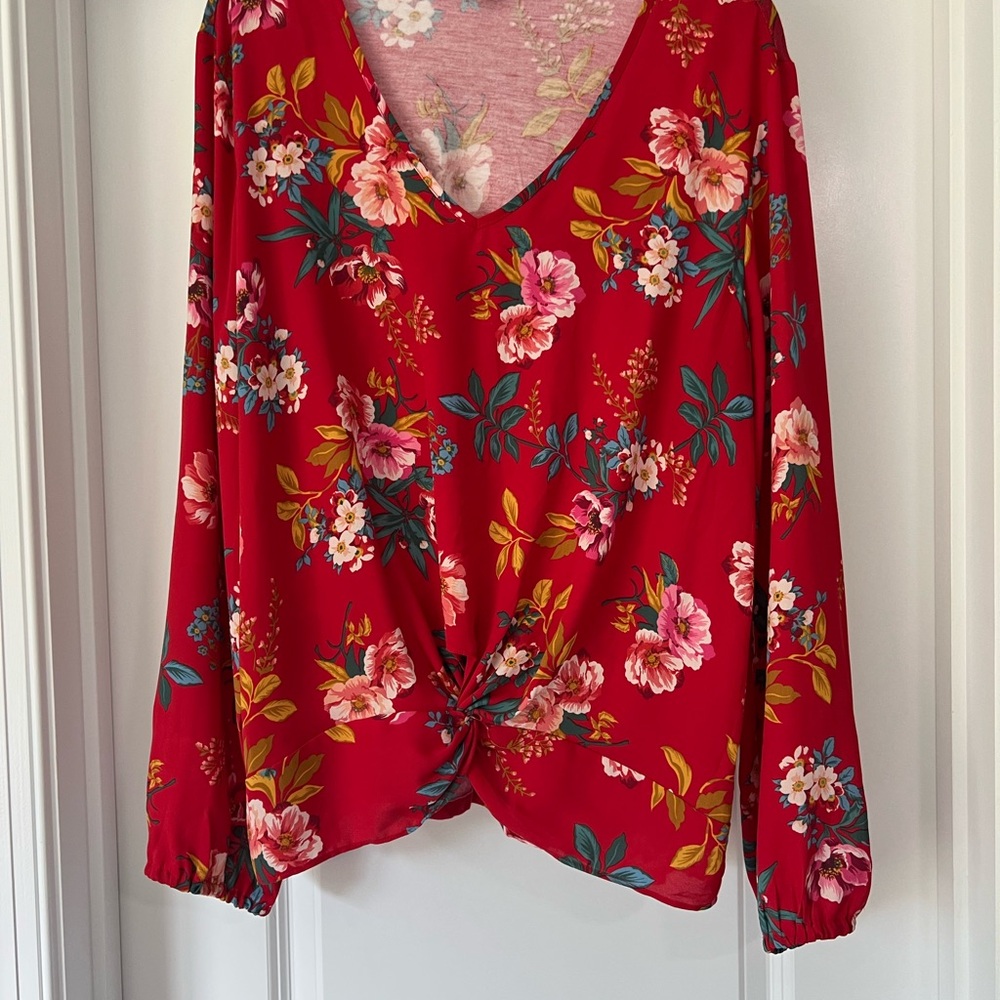 LOFT Red Long Sleeve Knot Front Blouse